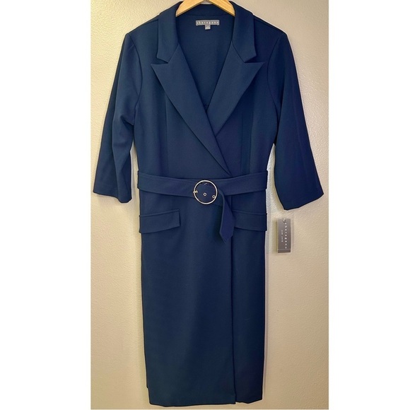 NWT Sharagano Notched Collar 3/4 Sleeve Solid Belted Stretch Crepe Dress Navy - Picture 11 of 13